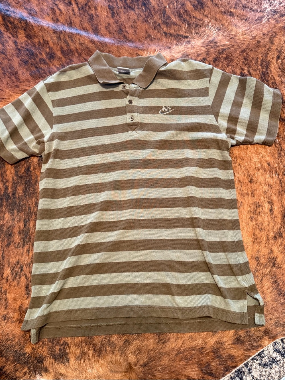 Vtg Nike XL Swoosh Short Sleeve Olive Striped Rugby Golf Polo Shirt Men's L